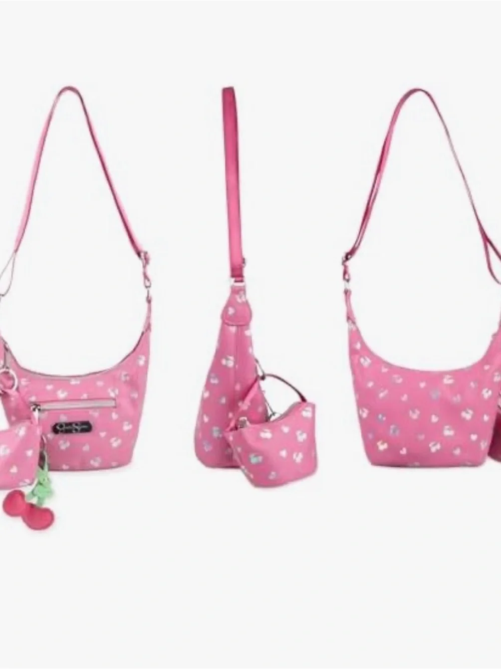 NWT pink holographic cherry-and-heart print hobo shoulder bag by Jessica Simpson